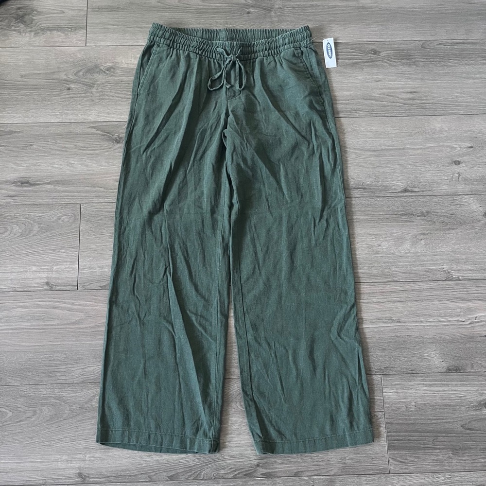Old Navy Womens Small Petite Green Linen Blend Wide Leg Drawstring Pants NEW